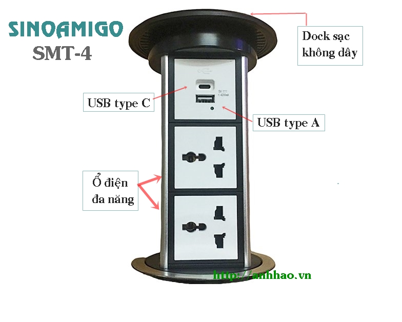 Ổ điện âm bàn bếp, bàn đảo Sinoamigo SMT-4, nút mở cảm ứng, tích hợp sạc không dây